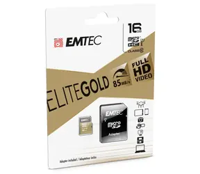 EMTEC Gold Plus micro SDHC karta 16GB + adaptér SD / UHS-I / Class 10 / čtení: 85MBs / zápis: 21MBs / vhodné pro FullHD