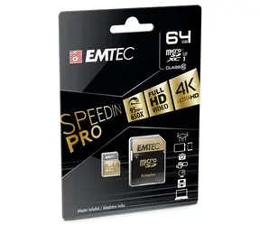 EMTEC SpeedIN micro SDXC karta 64GB + adaptér SD / UHS-I / U3 / Class 10 / čtení: 95MBs / zápis: 90MBs / vhodné pro 4K