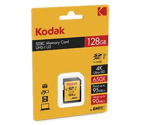 EMTEC Kodak SDXC 128GB / Class 10 / UHS-I / U3 / čtení: 95MBs / zápis: 90MBs / vhodné pro 4K