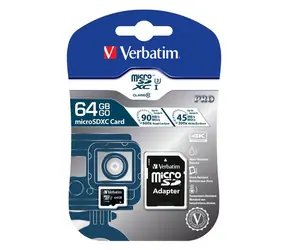 Verbatim MicroSDXC 64GB pamětová karta Pro U3  s SD adaptérem / UHS-III / U3 / V30 / R: 90 MBps / W: 45 MBps 