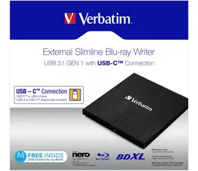 VERBATIM Slimline černá /  Blu-ray + DVD externí vypalovačka / USB 3.1 Gen. 1 / USB-C