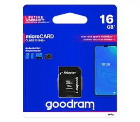 GOODRAM microSDHC 16GB + adaptér / Class 10 / UHS-I U1 / R: 100 MBs / W:10 MBs