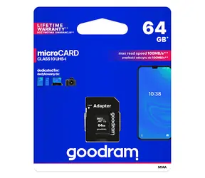 GOODRAM microSDXC 64GB + adaptér / Class 10 / UHS-I U1 / R: 100 MBs / W:10 MBs