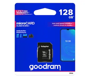 GOODRAM microSDXC 128GB + adaptér / Class 10 / UHS-I U1 / R: 100 MBs / W:10 MBs