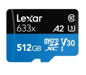 Lexar High-Performance 633x microSDXC 512GB + adaptér / čtení: 100MBs / zápis: 70MBs / UHS-I U3 / A2 / Class 10 / V30