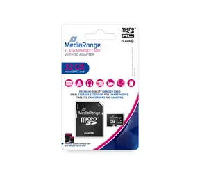 MediaRange microSDHC 32GB + SD adaptér / Class 10 / R: 45MBs / W: 15 MBs 