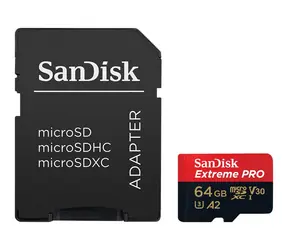 SanDisk Extreme PRO microSDXC 64GB + adaptér / Class 10 / A2 / V30 / UHS-I U3 / čtení: až 200MBs / zápis: až 90 MBs