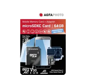 AgfaPhoto MicroSDXC 64GB + Adaptér (10582A1) / R:100 MB/s / W:50 MB/s / Class V30 