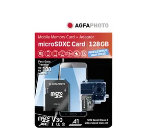 AgfaPhoto MicroSDXC Professional 128GB + Adaptér / R:100 MB/s / W:95 MB/s / Class V30 