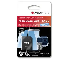 AgfaPhoto MicroSDXC Professional 64GB + Adaptér / R:100 MB/s / W:50 MB/s / Class V30 