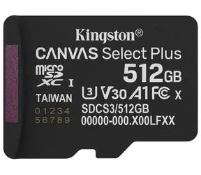 Kingston Canvas Select Plus Gen3 microSDXC 512GB / UHS-I V30 / U3 / Class 10 / čtení: až 150MBs / zápis: až 150 MBs