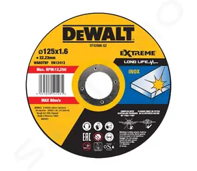 DeWalt DT43906 / Řezný kotouč na nerezovou ocel / Průměr 125 x 22.23 mm / Šířka řezu 1.6 mm
