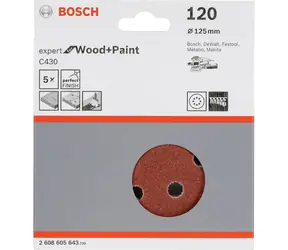 BOSCH Expert C430 2608605643 / Kotouč do excentrické brusky / Zrnitost 120 / 125mm / 8 otvorů / suchý zip / 5ks