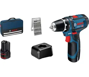 BOSCH GSR 12V-15 Professional / Aku vrtací šroubovák / 12V / 2x2.0Ah / 10mm sklíčidlo / 1300 ot-min / 30 Nm / sada bitů