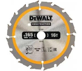 DeWalt DT1948 / Pilový kotouč pro pily / Průměr 165x20 mm / Šířka řezu 1.5 mm / Počet zubů 16