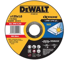 DeWalt DT43972 / Řezný kotouč na nerez kov / Průměr 125x22.2 mm / Šířka 1.0 mm / 10ks