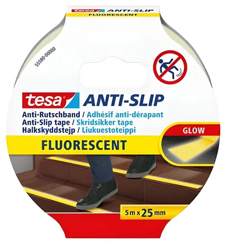 Tesa Protiskluzová páska fluorescenční žlutá / Páska / 5 m / 25 mm / svítí ve tmě