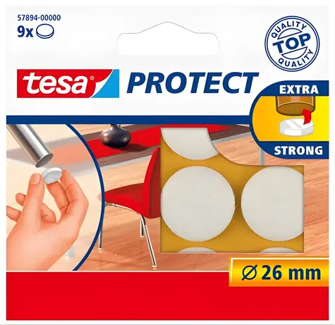 Tesa Protect plstěné podložky 26 mm bílé / Plstěné podložky pod nábytek / Kulaté / Samolepicí / 9 ks