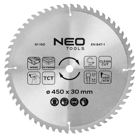 NEO TOOLS Pilový kotouč widia 450x30 mm / Pilový kotouč / karbidové (widia) zuby / 60 zubů