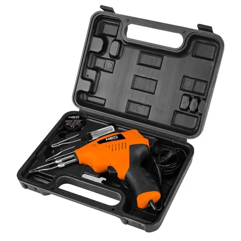 NEO TOOLS 19-152 oranžová / Pájecí pistole s kufříkem / 200W / nastavitelná teplota / ergonomická / plast