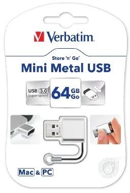 Verbatim Store 'n' Go Mini Metal 64GB stříbrná / Flash Disk / USB 3.0 / čtení: 60MBs / zápis: 12MBs