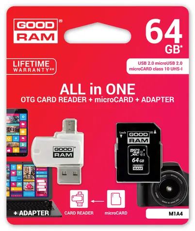 GOODRAM All-In-One 64GB / sada micro SDXC + adaptér + čtečka karet / UHS-I / čtení: 60MBs / zápis: 10 MBs
