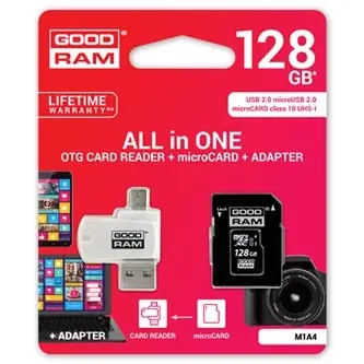 GOODRAM All-In-One 128GB / sada micro SDXC + adaptér + čtečka karet / UHS-I / čtení: 60MBs / zápis: 10 MBs