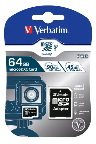 Verbatim microSDXC Pro 64GB + Adaptér / Paměťová karta / UHS-I (U3) / Class 10 / až 90MBs