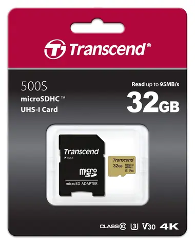 Transcend 500S Micro SDHC 32GB + adaptér / UHS-I / U3 / V30 / R: 95MBs / W: 60MBs