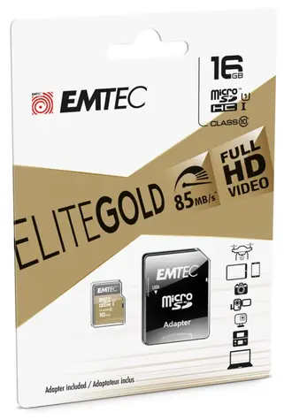 EMTEC Gold Plus micro SDHC karta 16GB + adaptér SD / UHS-I / Class 10 / čtení: 85MBs / zápis: 21MBs / vhodné pro FullHD