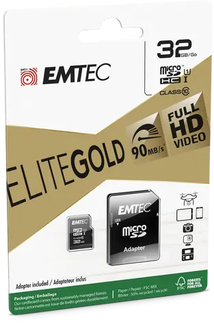 EMTEC Elite Gold micro SDHC karta 32GB + adaptér SD / Class 10 / čtení: 90MBs / zápis: 20MBs / vhodné pro FullHD