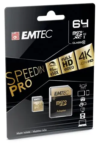 EMTEC SpeedIN micro SDXC karta 64GB + adaptér SD / UHS-I / U3 / Class 10 / čtení: 95MBs / zápis: 90MBs / vhodné pro 4K