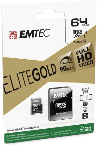 EMTEC Elite Gold micro SDXC karta 64GB + adaptér SD / U1 / Class 10 / čtení: 90MBs / zápis: 20MBs / vhodné pro FHD