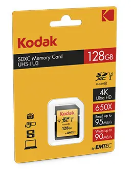 EMTEC Kodak SDXC 128GB / Class 10 / UHS-I / U3 / čtení: 95MBs / zápis: 90MBs / vhodné pro 4K