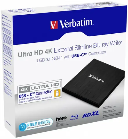 VERBATIM externí vypalovačka Ultra HD 4K / BD-DVD-CD / USB-C