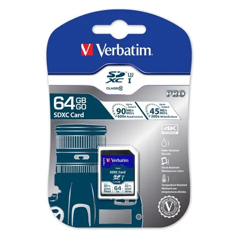 Verbatim SDXC 64GB pamětová karta Pro U3  / UHS-III / U3 / V30 / R: 90 MBps / W: 45 MBps / vhodné pro 4K
