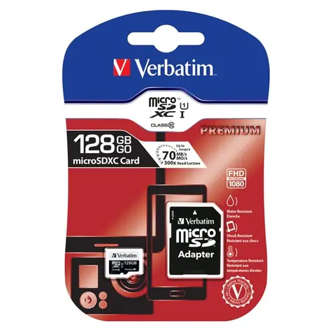 Verbatim MicroSDXC 128 GB pamětová karta s SD adaptérem / Class 10 / R: 90 MBps / W: 10 MBps