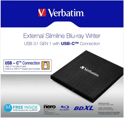 VERBATIM Slimline černá /  Blu-ray + DVD externí vypalovačka / USB 3.1 Gen. 1 / USB-C