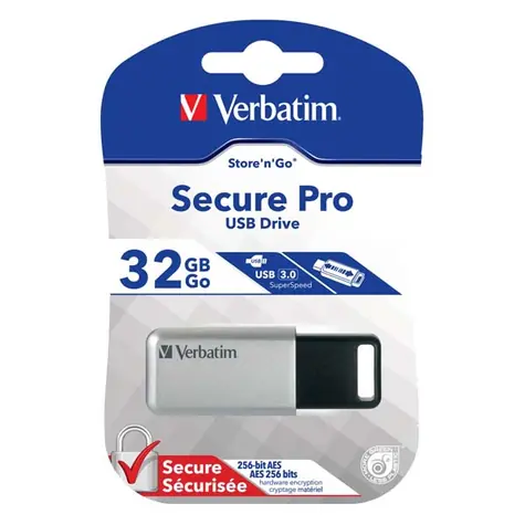 Verbatim Store 'n' Go Secure Pro 32GB stříbrná / Flash Disk / USB 3.0 / čtení: 100MBs / zápis: 35MBs / 256-bit AES