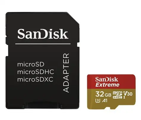 SanDisk Extreme microSDHC 32GB + adaptér / Class 10 / A1 / UHS-I / V30 / čtení: 100MBs / zápis: 60MBs / vhodné pro FHD