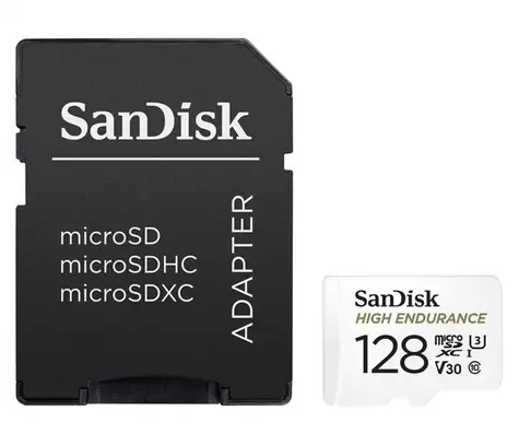 SanDisk High Endurance Video microSDXC 128GB / UHS-I U3 V30 / čtení: 100 MBs / zápis: 40MBs / vhodné pro 4K