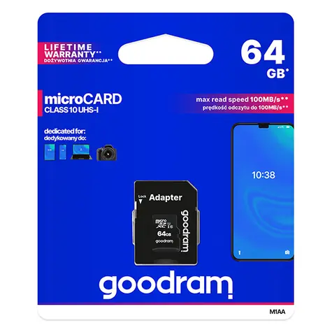 GOODRAM microSDXC 64GB + adaptér / Class 10 / UHS-I U1 / R: 100 MBs / W:10 MBs