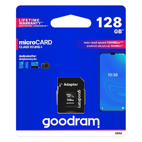 GOODRAM microSDXC 128GB + adaptér / Class 10 / UHS-I U1 / R: 100 MBs / W:10 MBs