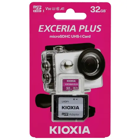 KIOXIA EXCERIA PLUS microSDHC 32GB + adaptér / Class 10 / UHS-I U3 / A1 / V30 / čtení: 98MBs / zápis: 65MBs