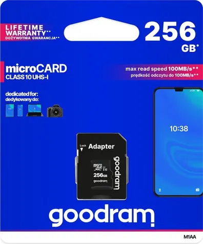 GOODRAM M1AA microSDXC 256GB + adaptér / Class 10 / UHS-I U1 / R: 100 MBs / W:10 MBs