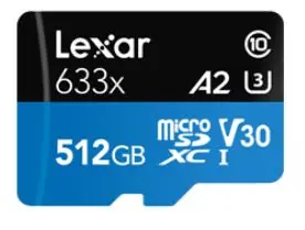 Lexar High-Performance 633x microSDXC 512GB + adaptér / čtení: 100MBs / zápis: 70MBs / UHS-I U3 / A2 / Class 10 / V30