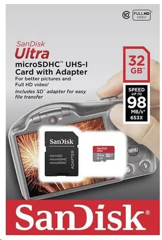 SanDisk Ultra microSDHC 32GB + adaptér  / Class 10 / UHS-I / U3 / A1 / čtení: až 98MBs