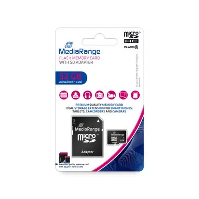 MediaRange microSDHC 32GB + SD adaptér / Class 10 / R: 45MBs / W: 15 MBs 