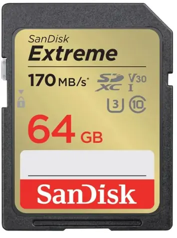 SanDisk Extreme SDXC 64GB / Class 10 / čtení/zápis 170/80 MB/s / vhodné pro 4K