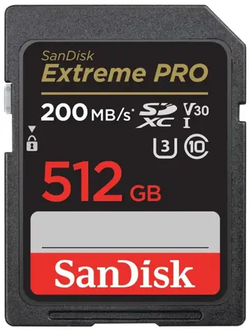 SanDisk Extreme PRO SDXC 512GB / Class 10 / rychlost přenosu 200 MB/s / vhodné pro 4K